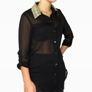 Urban Outfiters Living Doll Black Sheer Blouse Sequin Collar XS
